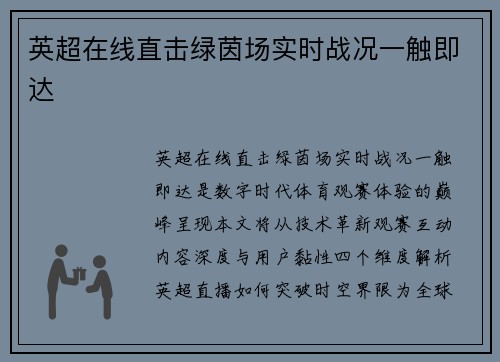 英超在线直击绿茵场实时战况一触即达