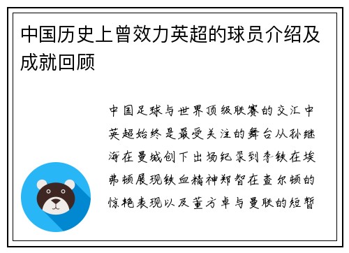 中国历史上曾效力英超的球员介绍及成就回顾